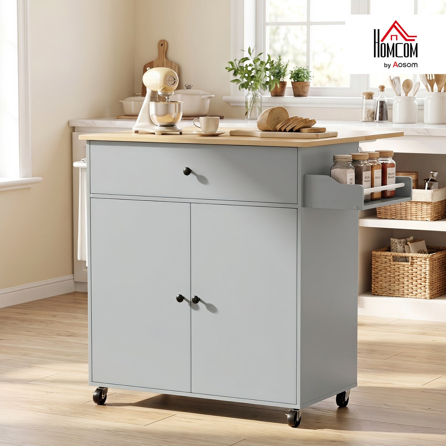 Kitchen Island with Drop Leaf, Rolling Kitchen Storage Trolley, Grey