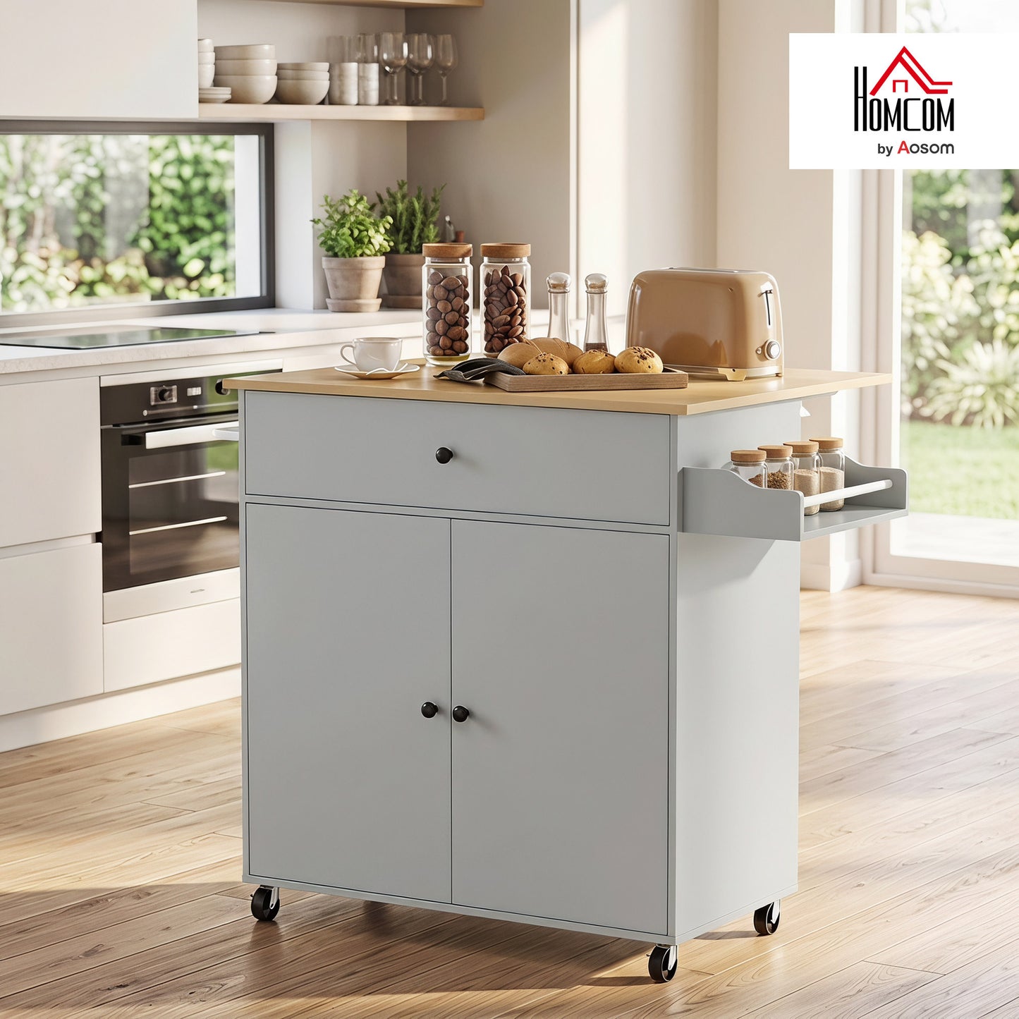 Kitchen Island with Drop Leaf, Rolling Kitchen Storage Trolley, Grey