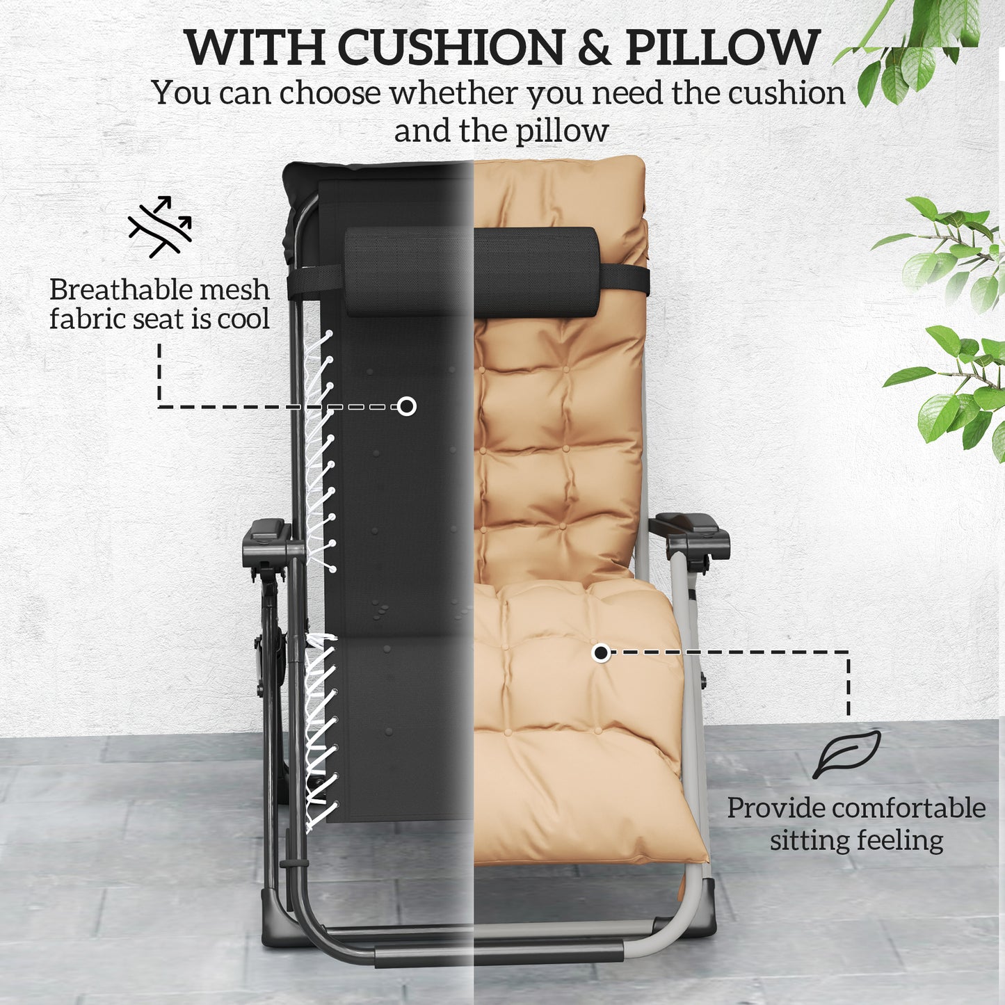 2 PCS Reclining Zero Gravity Chair Folding Lounger Cushion Khaki