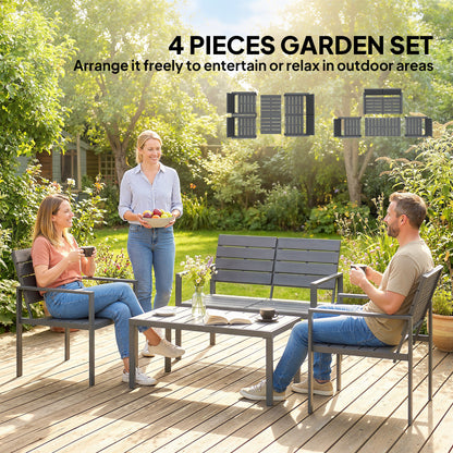 4 Piece Garden Furniture Set, HDPE Metal Outdoor Sofa, Dark Grey
