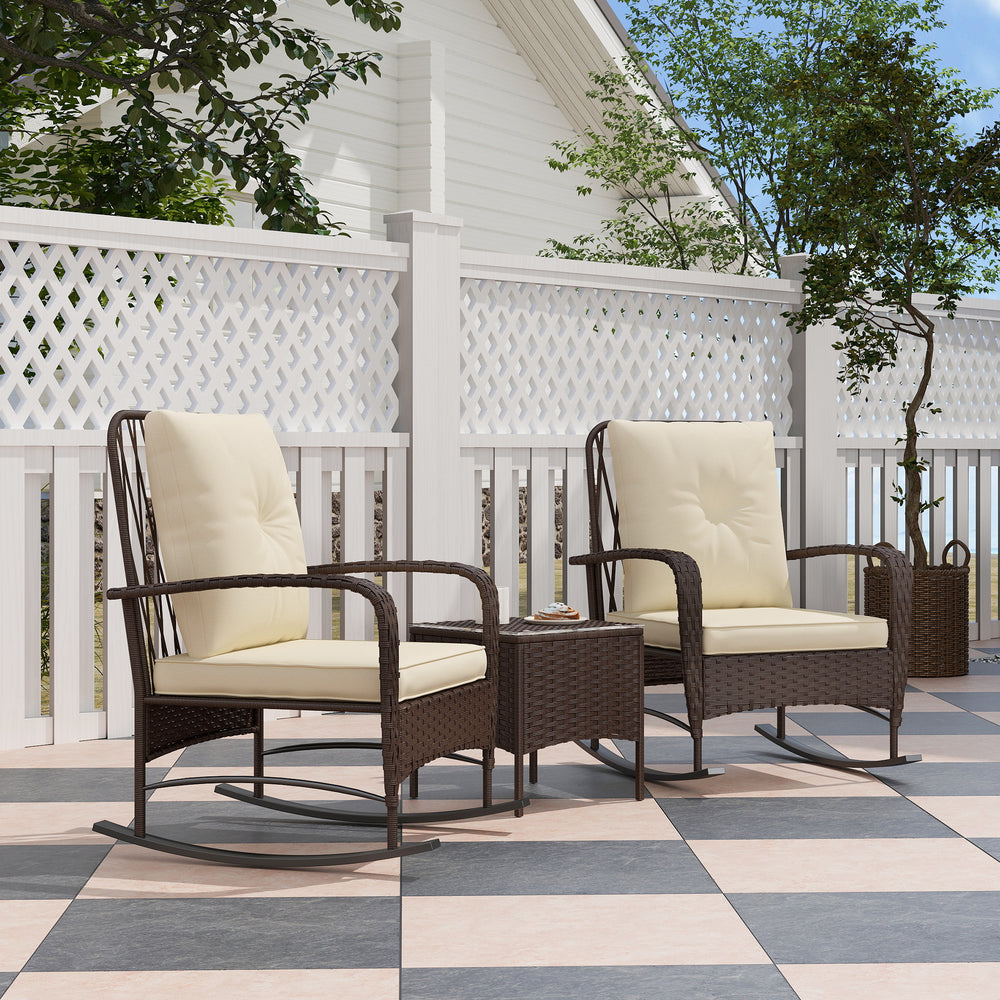 Rattan Bistro Set Balcony Furniture with Rocking Chairs, Brown