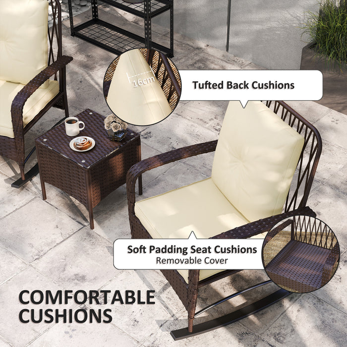 Rattan Bistro Set Balcony Furniture with Rocking Chairs, Brown