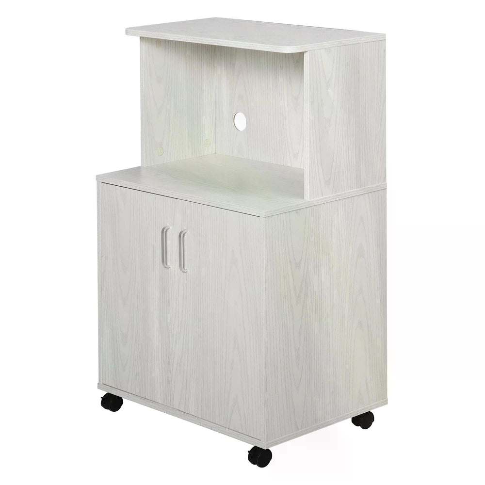 Microwave Cart on Wheels Utility Trolley Storage Sideboard Bookcase with 2-door Cabinet, 97H x 60.4W x 40.3Dcm, White