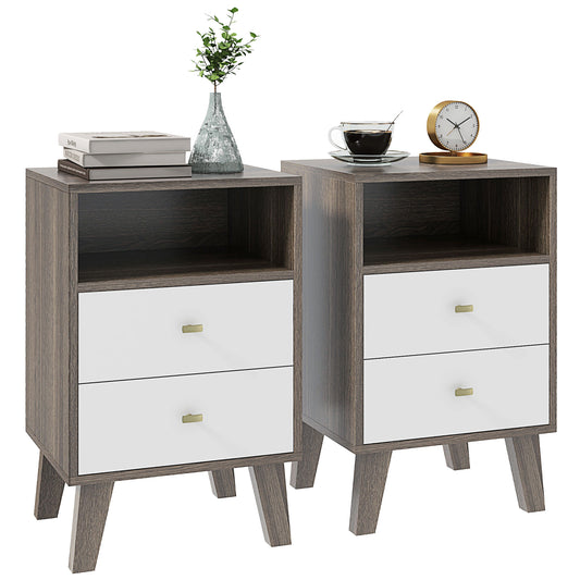 Set of 2 Bedside Tables with 2 Drawers and Open Shelf - Grey & White