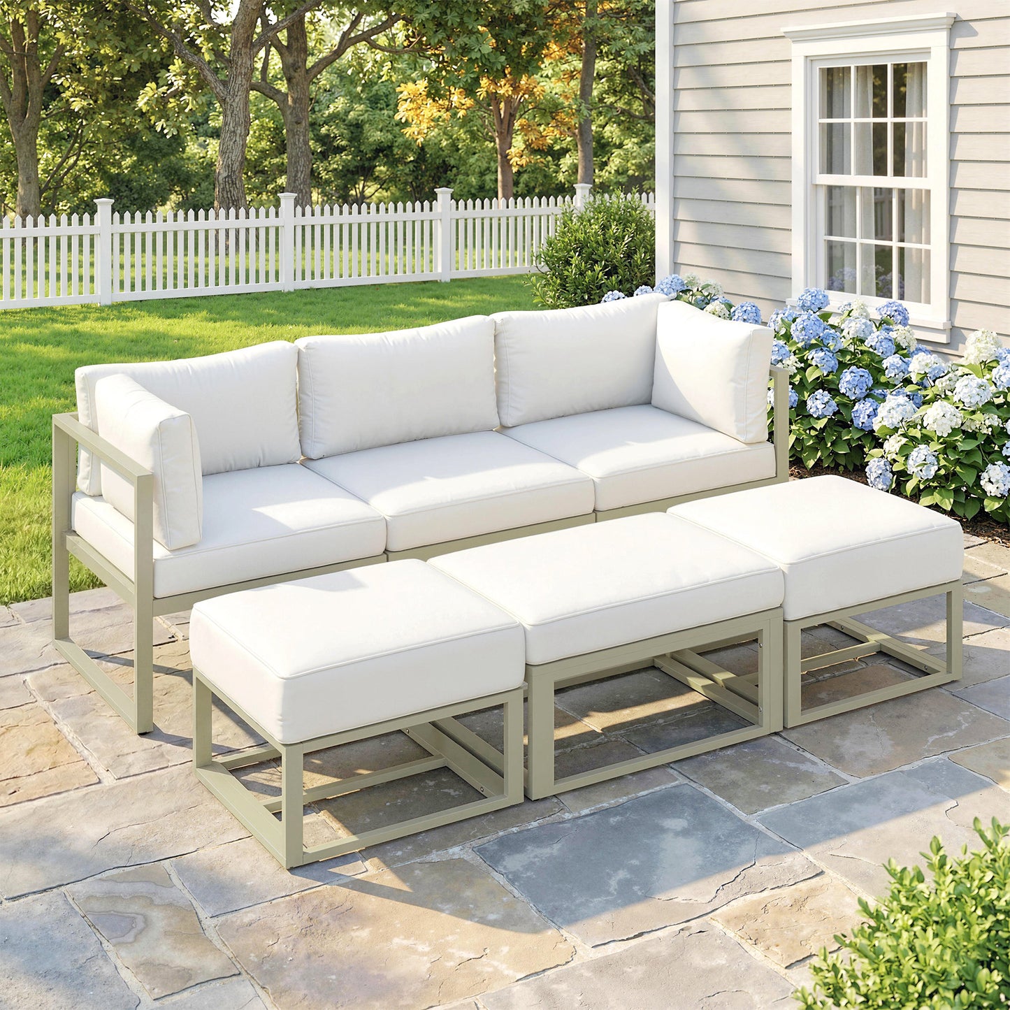 6 PC Garden Daybed, Sectional Sofa Set with Coffee Table, Footstool