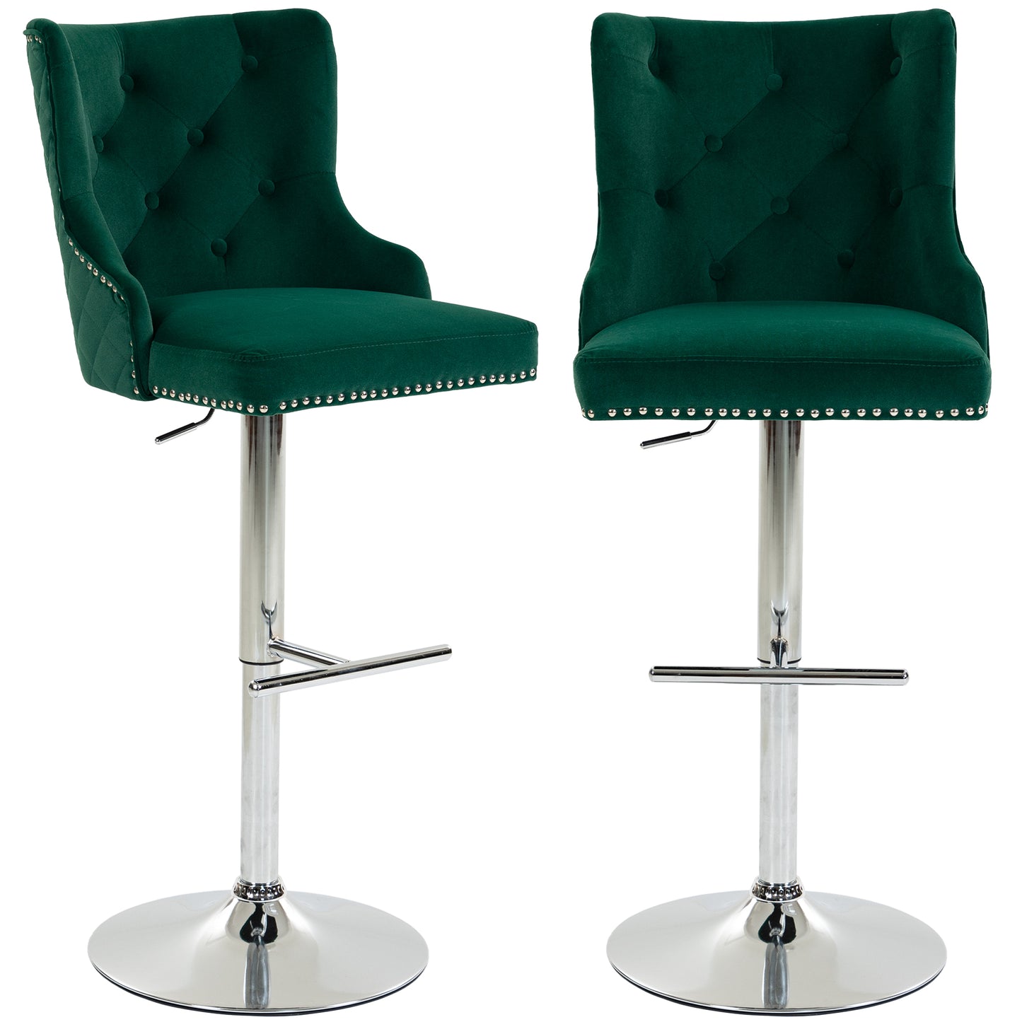 Bar Stools Set of 2, Swivel Velvet Barstools with Footrest, Green