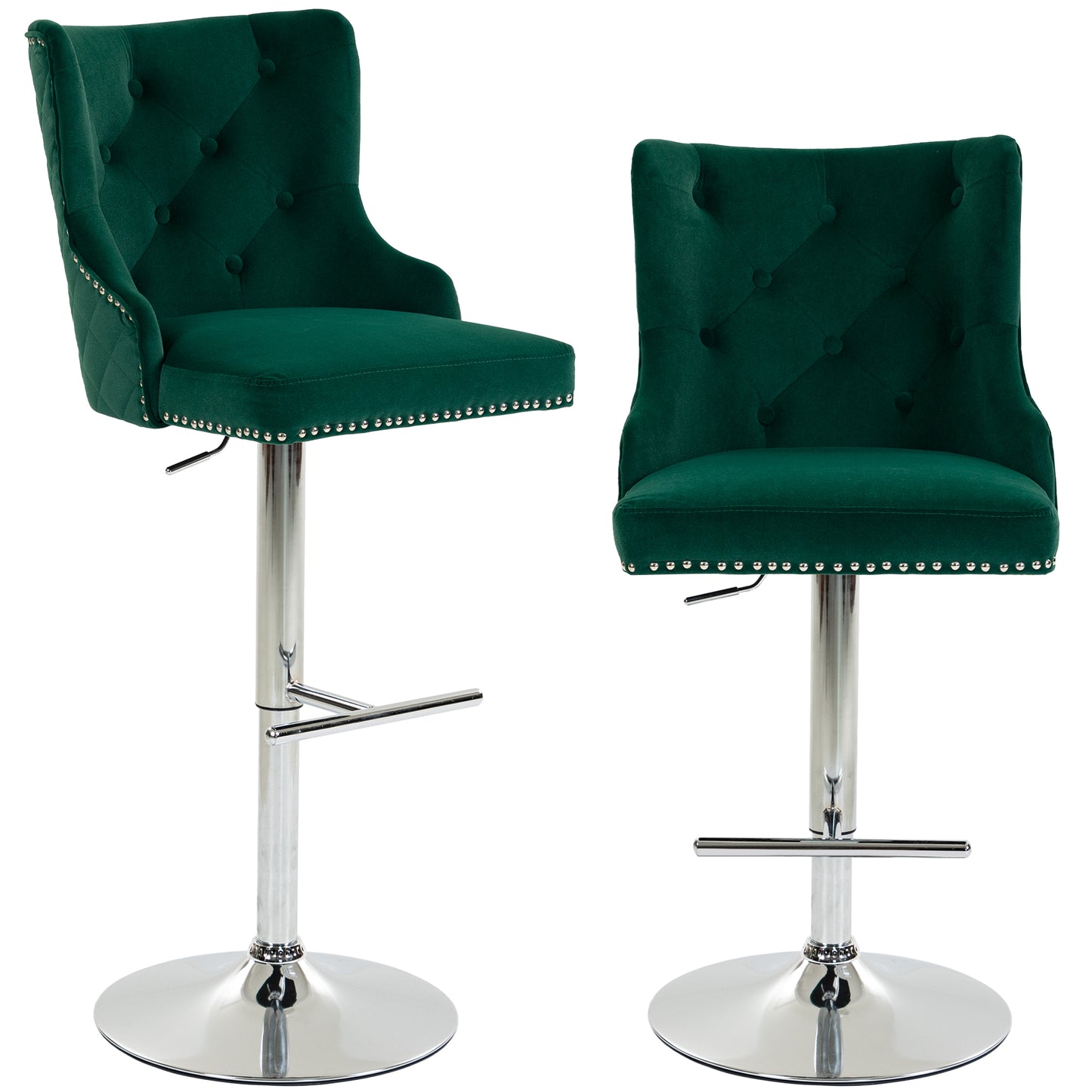 Bar Stools Set of 2, Swivel Velvet Barstools with Footrest, Green