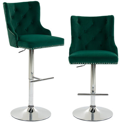 Bar Stools Set of 2, Swivel Velvet Barstools with Footrest, Green
