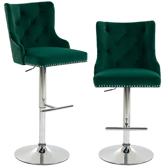 Bar Stools Set of 2, Swivel Velvet Barstools with Footrest, Green