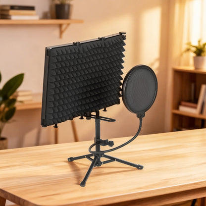 Studio Microphone Isolation Shield with Pop Filter & Stand, Black