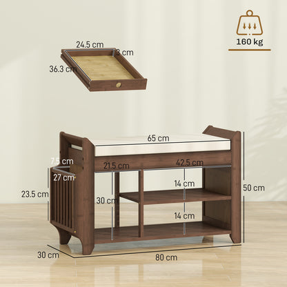 Shoe Bench with Cushioned Seat, Shoe Storage Bench with Side Holder and Boot Section, 2-Tier Natural Bamboo Entryway Rack for Hallway, Living Room, 80 x 30 x 50 cm, Dark Brown and Cream