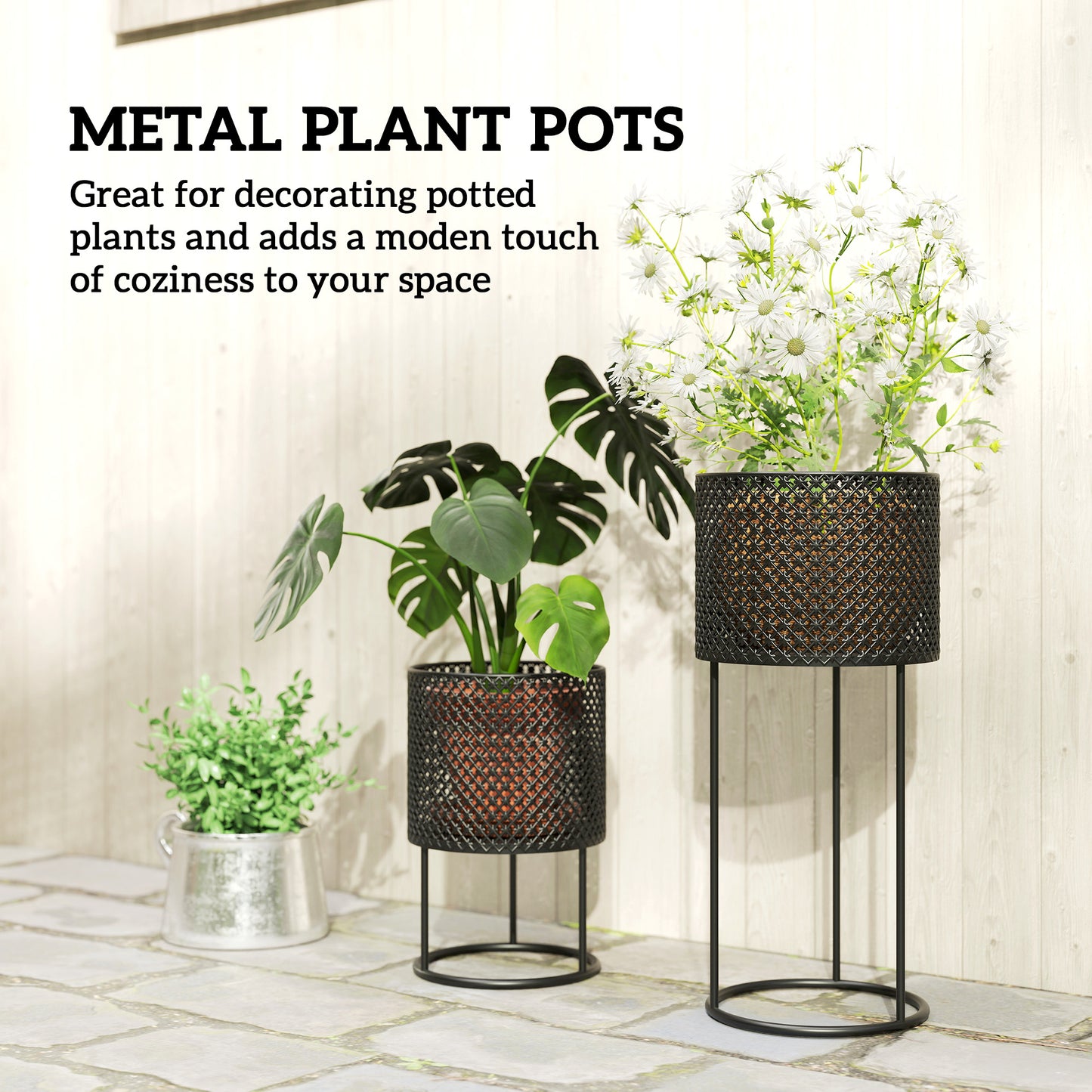 Metal Plant Pots Flower Planters Set of 2 for Indoor Outdoor Black