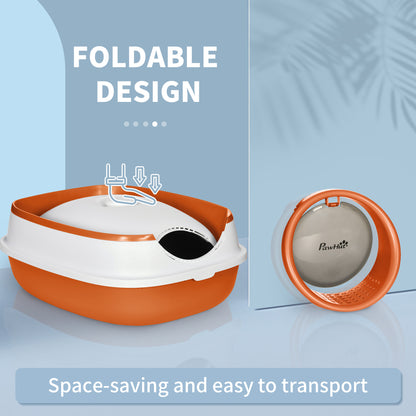Foldable Cat Litter Tray Hooded Cat Litter Box w/ High Side, Orange
