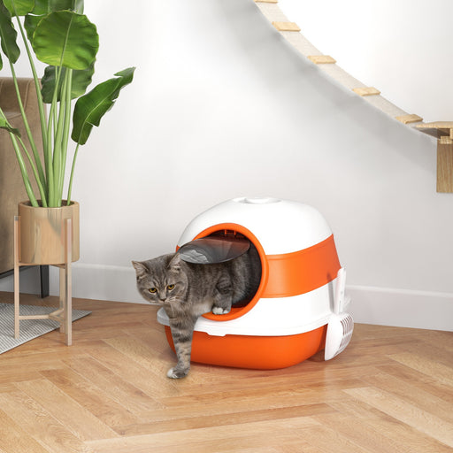 Foldable Cat Litter Tray Hooded Cat Litter Box w/ High Side, Orange