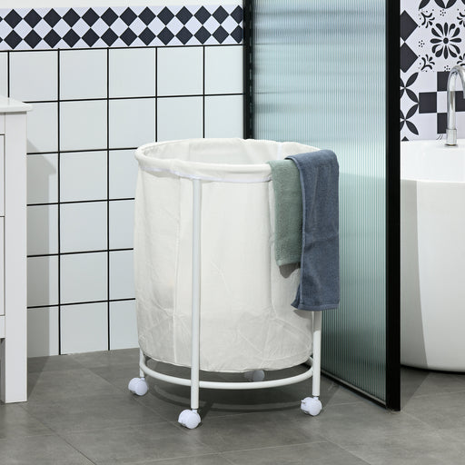 100L Round Laundry Hamper with Wheels for Bedroom Bathroom Cream White