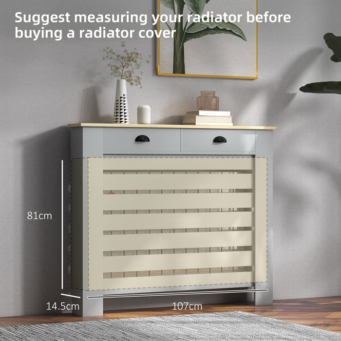 Radiator Cover with Drawer, Horizontal Slat, 111cm, Grey