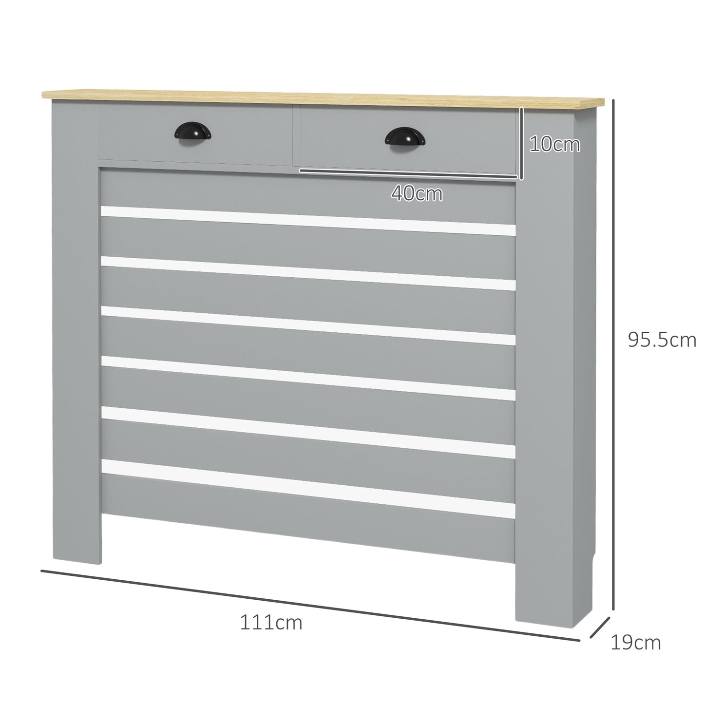 Radiator Cover with Drawer, Horizontal Slat, 111cm, Grey