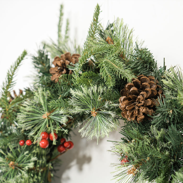 60cm Christmas Wreath with LED Lights Pine Cones Red Berries Green