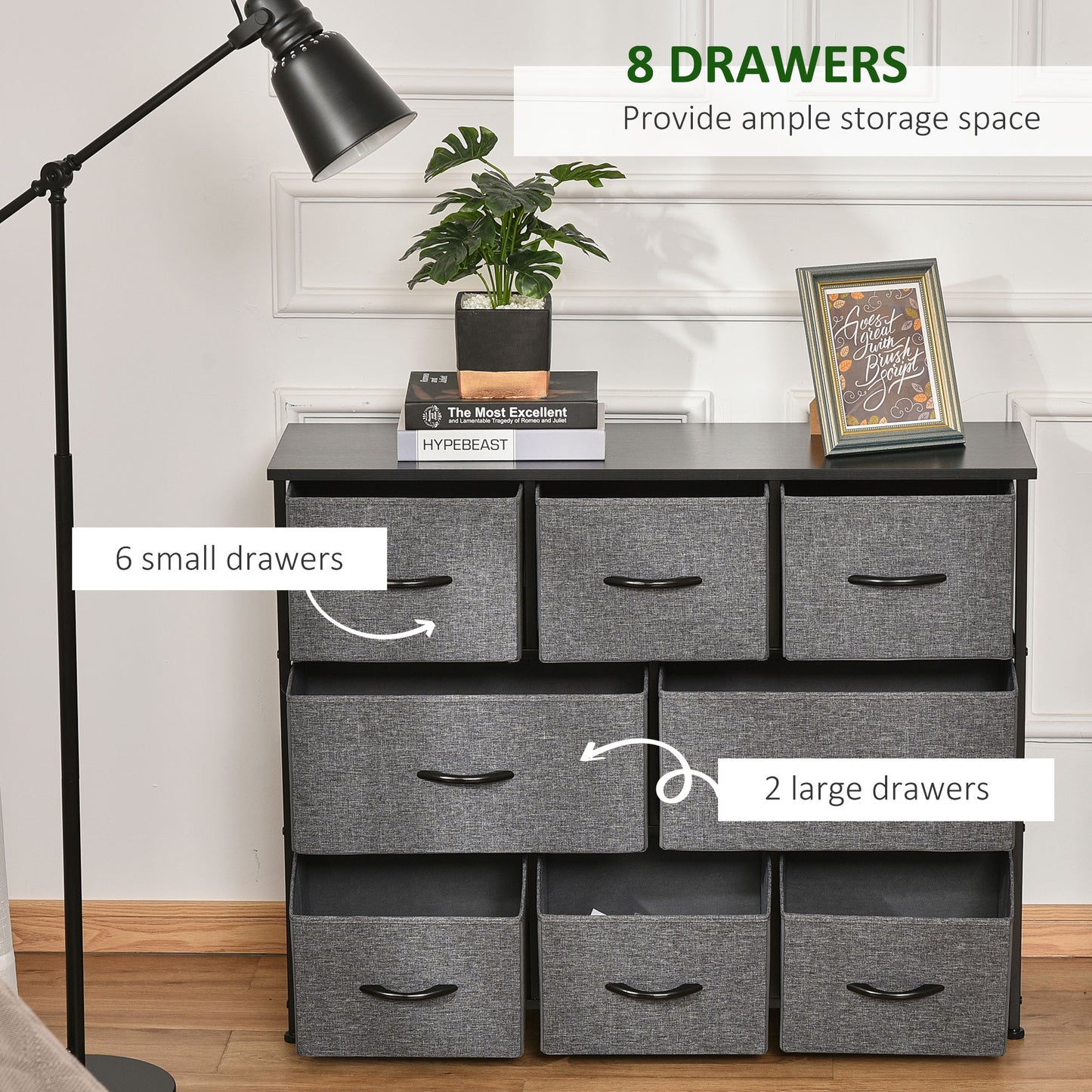 Chest of Drawers Bedroom Dresser with 8 Fabric Drawers, Dark Grey