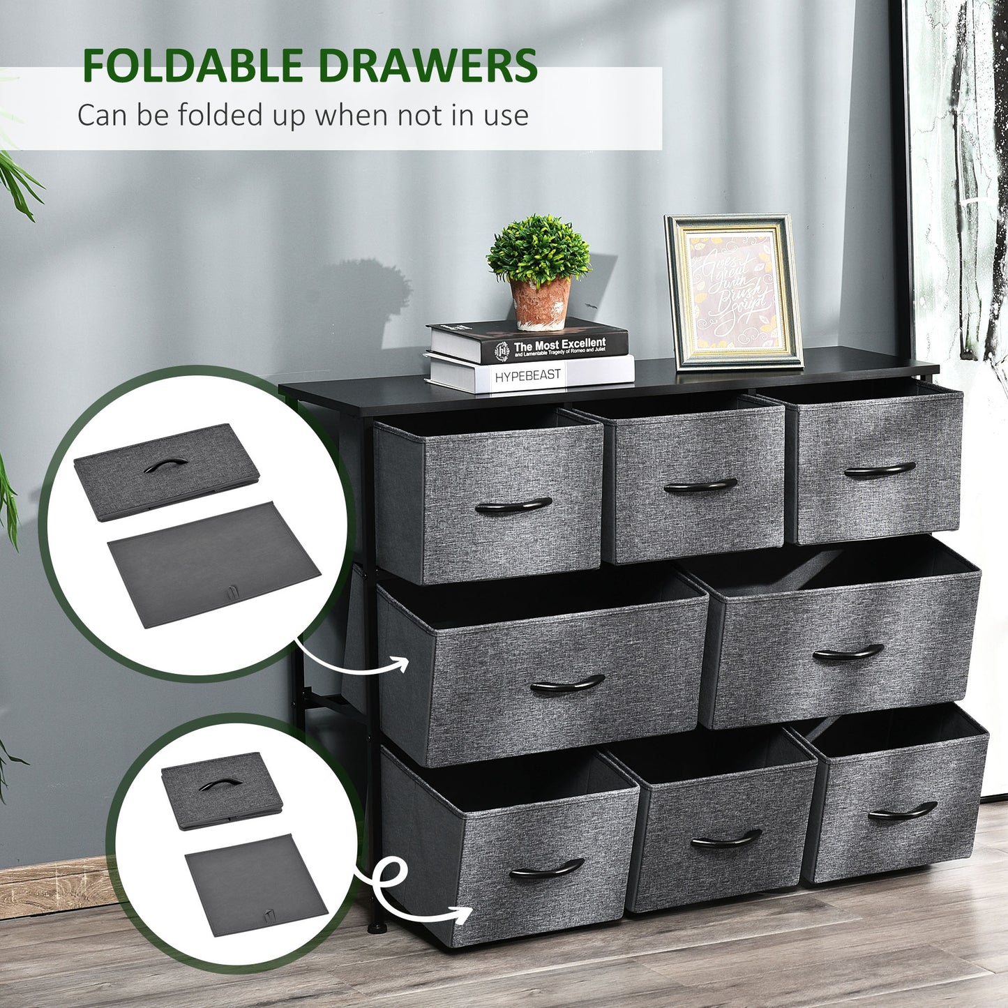 Chest of Drawers Bedroom Dresser with 8 Fabric Drawers, Dark Grey
