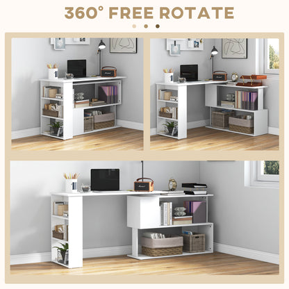 Corner Computer Desk with 360° Rotating Design and Bookshelf, White