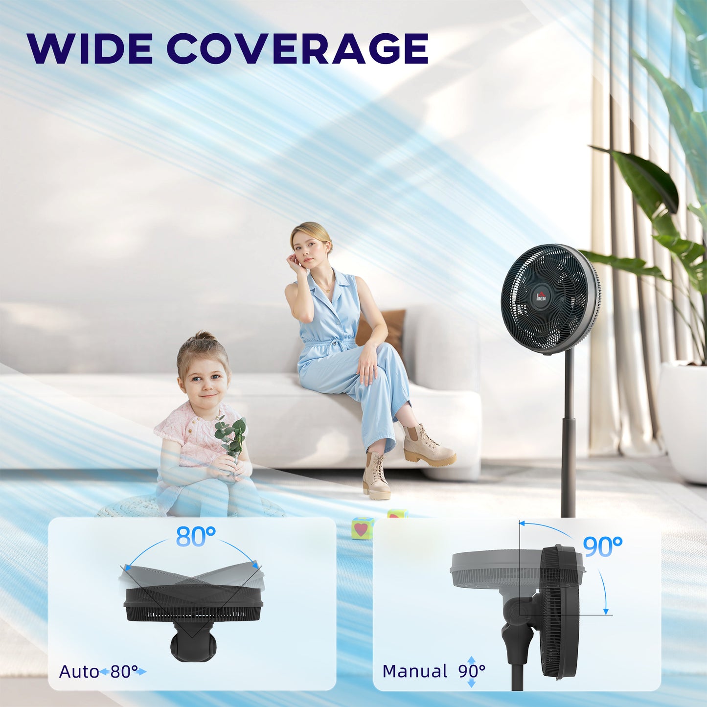 Pedestal Fan with Oscillating, Tilt, Adjustable Height, Timer, Black
