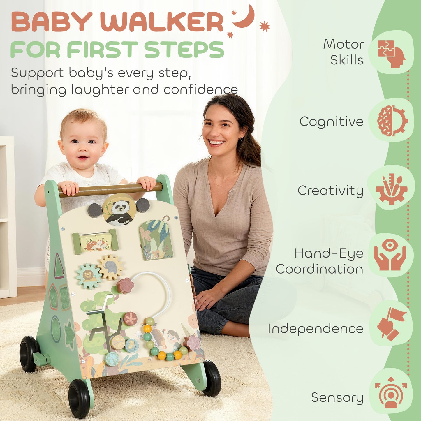 Wooden Baby Walker with Speed Control, Montessori-Inspired Centre