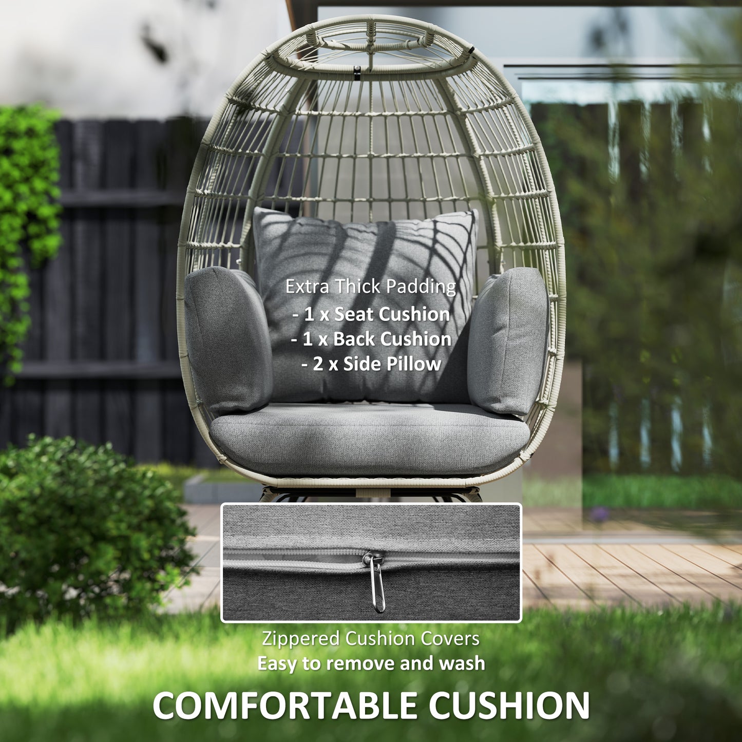 PE Rattan Egg Chair w/ Padded Cushions for Garden, Charcoal Grey
