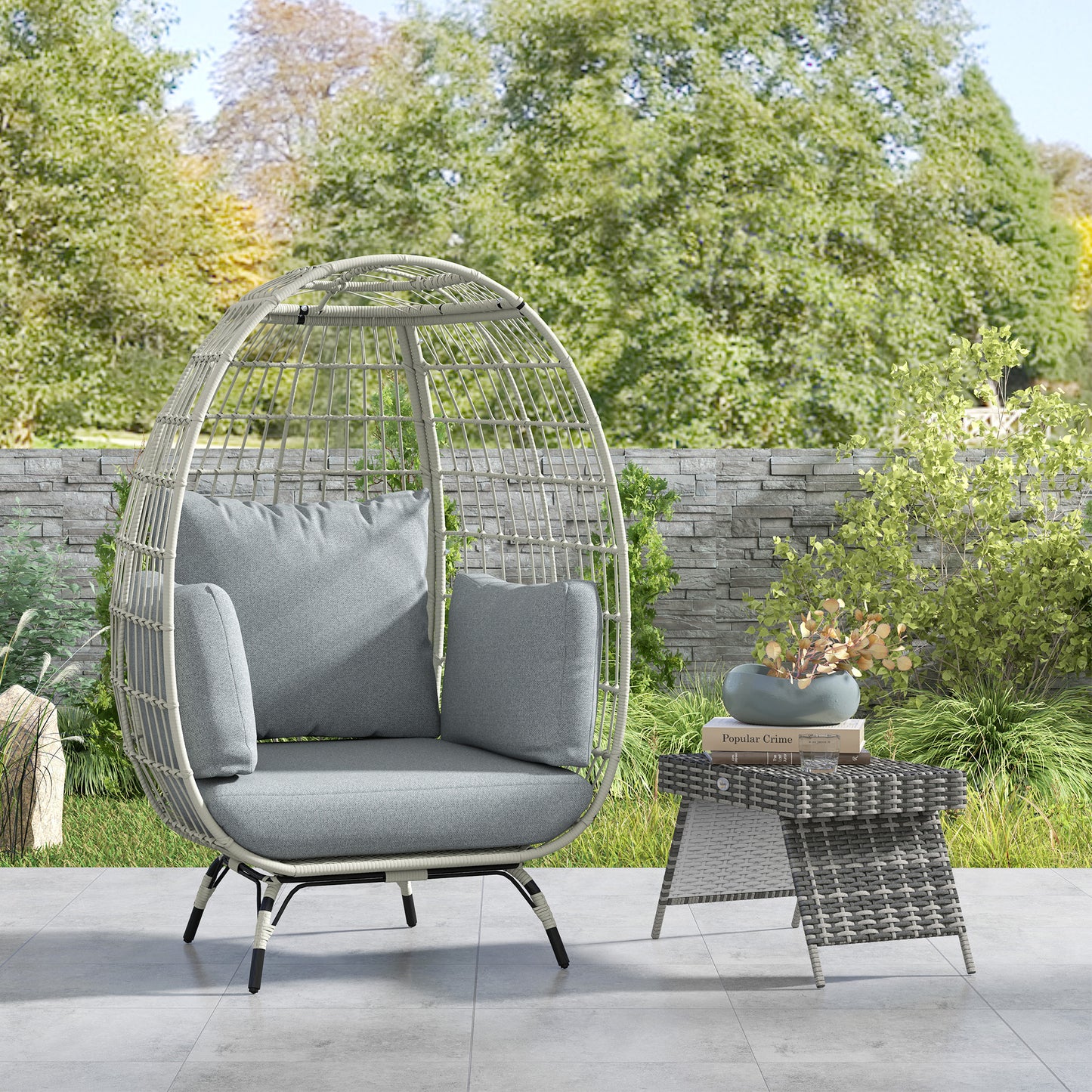 PE Rattan Egg Chair w/ Padded Cushions for Garden, Charcoal Grey