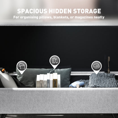 Storage Ottoman with Armrest, Upholstered Linen Storage Bench