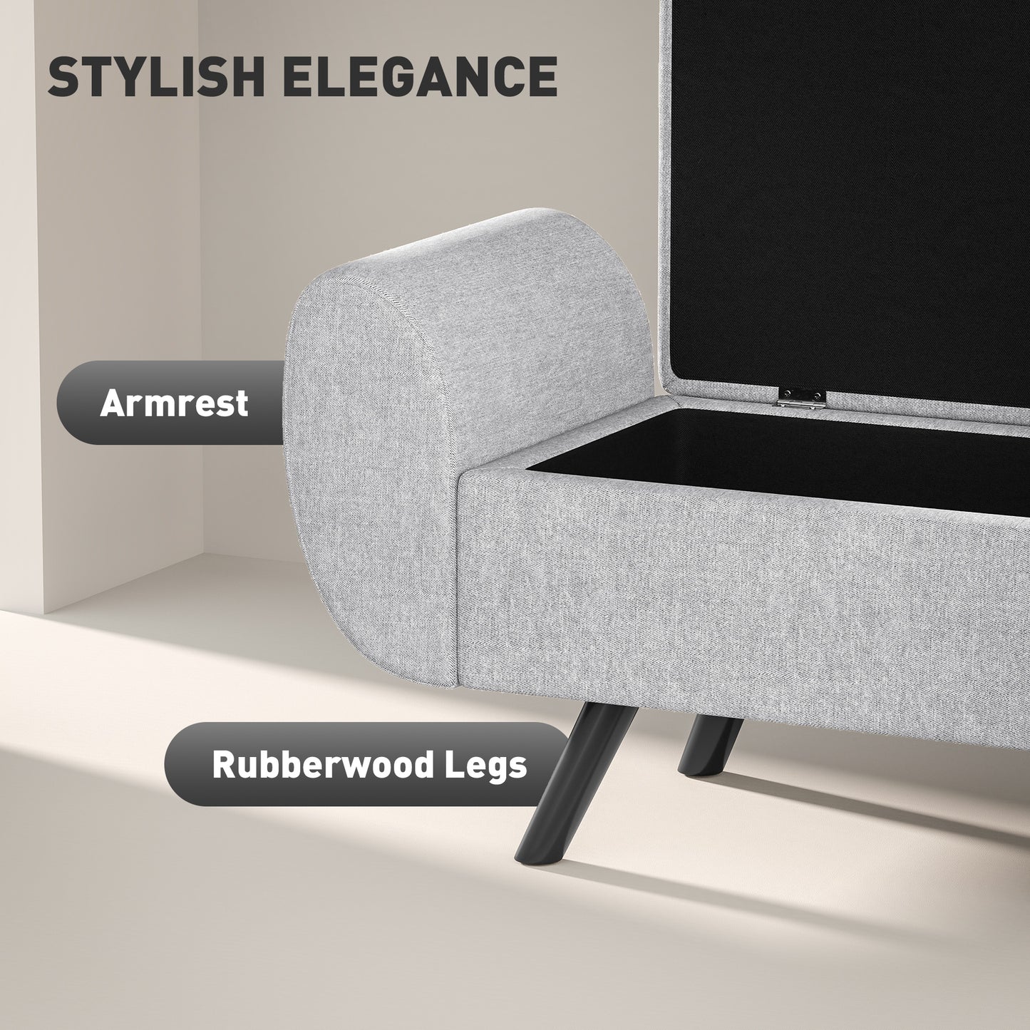 Storage Ottoman with Armrest, Upholstered Linen Storage Bench