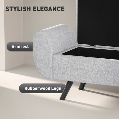 Storage Ottoman with Armrest, Upholstered Linen Storage Bench