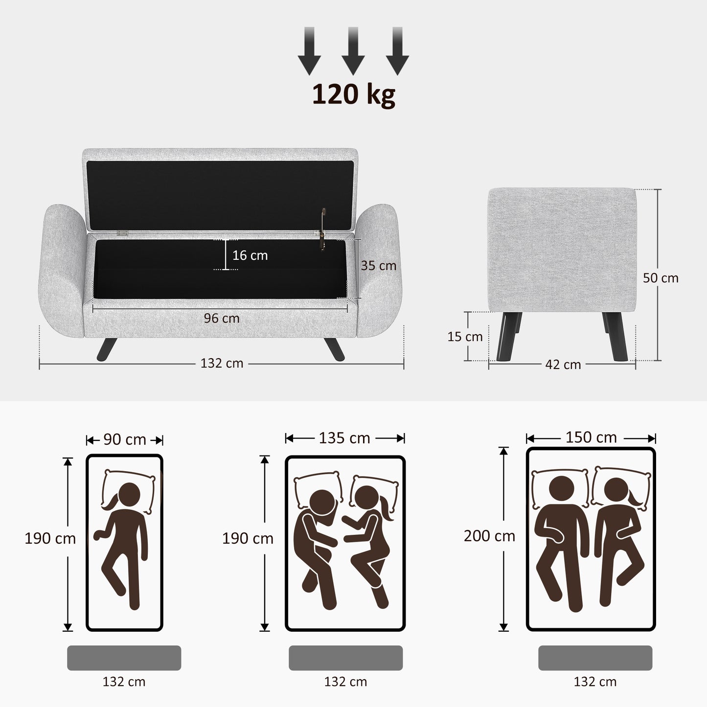 Storage Ottoman with Armrest, Upholstered Linen Storage Bench