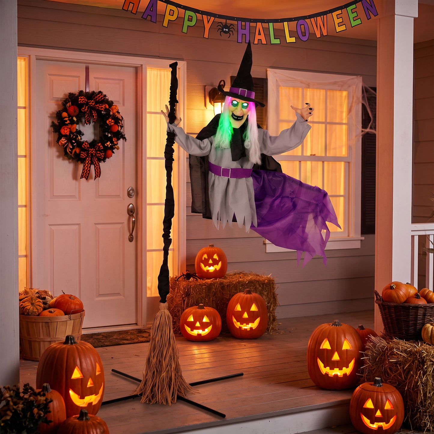 200cm Life Size Animated Witch, Scary Halloween Animatronic Decor