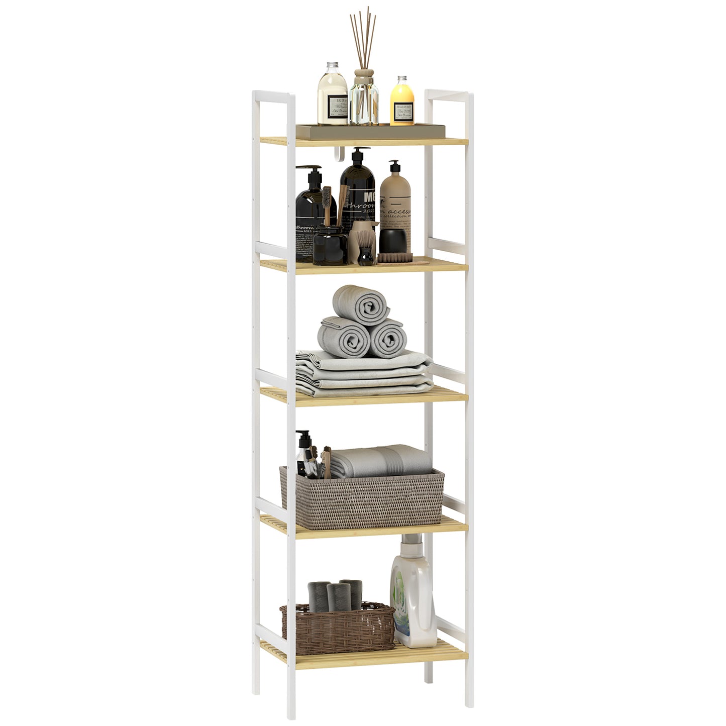 5-Tier Bamboo Bathroom Storage Shelf with Adjustable Rack, Natural