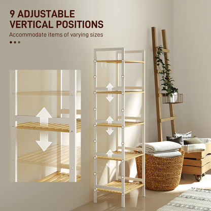 5-Tier Bamboo Bathroom Storage Shelf with Adjustable Rack, Natural