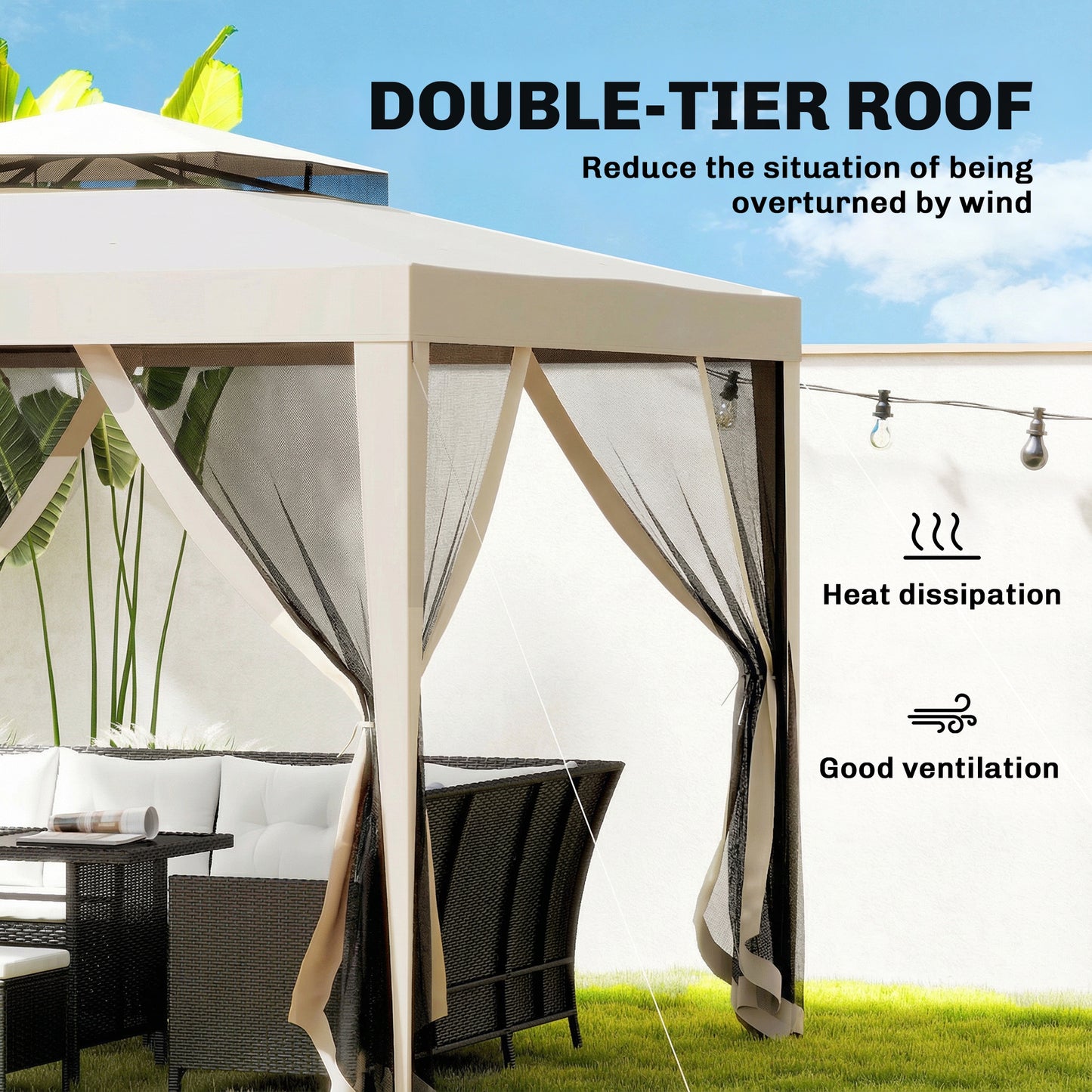3 x 3 m Gazebo, Netting Party Tent w/ Double Tier Roof, Beige