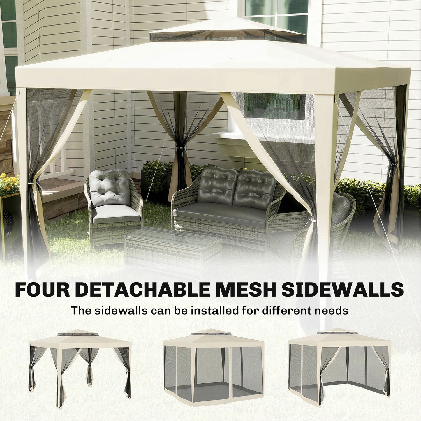 3 x 3 m Gazebo, Netting Party Tent w/ Double Tier Roof, Beige