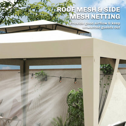 3 x 3 m Gazebo, Netting Party Tent w/ Double Tier Roof, Beige