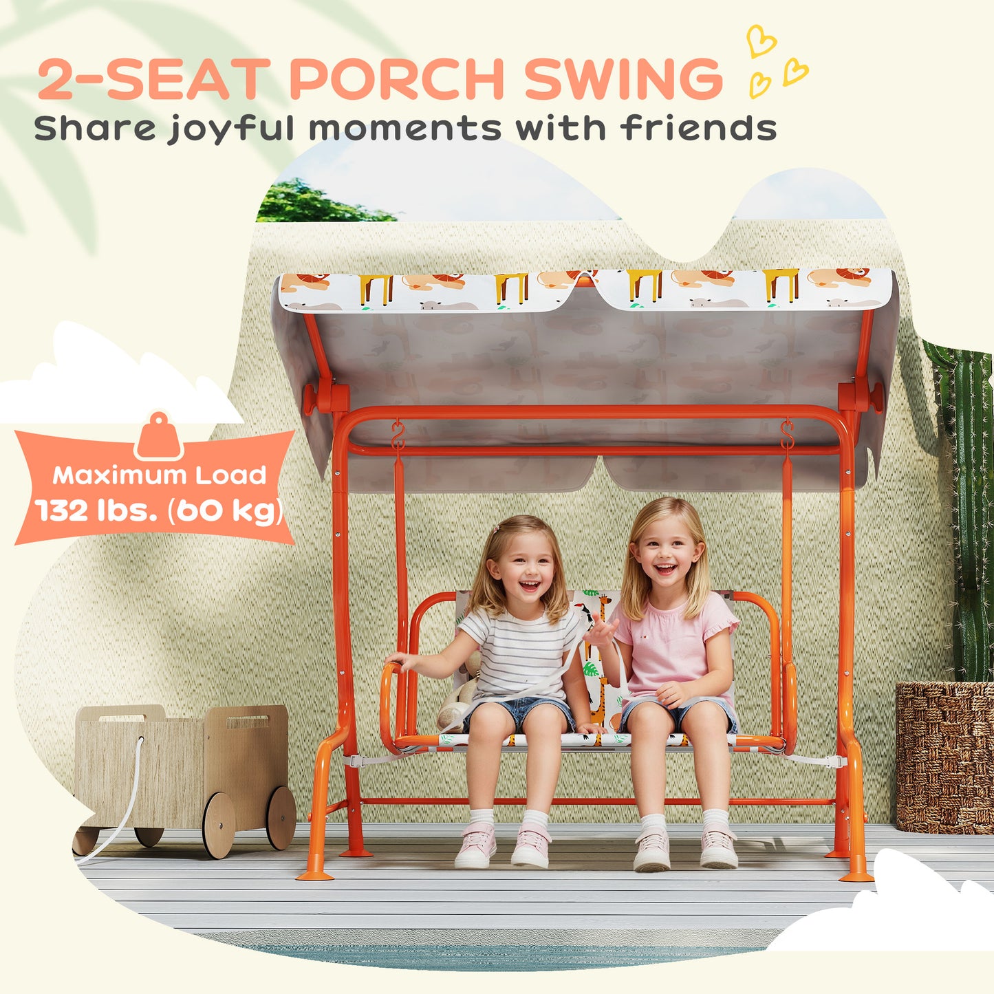Kids Porch Swing with Seat Belts, Adjustable Canopy, Orange