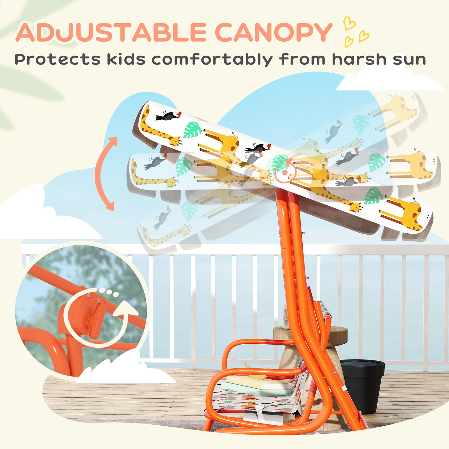 Kids Porch Swing with Seat Belts, Adjustable Canopy, Orange