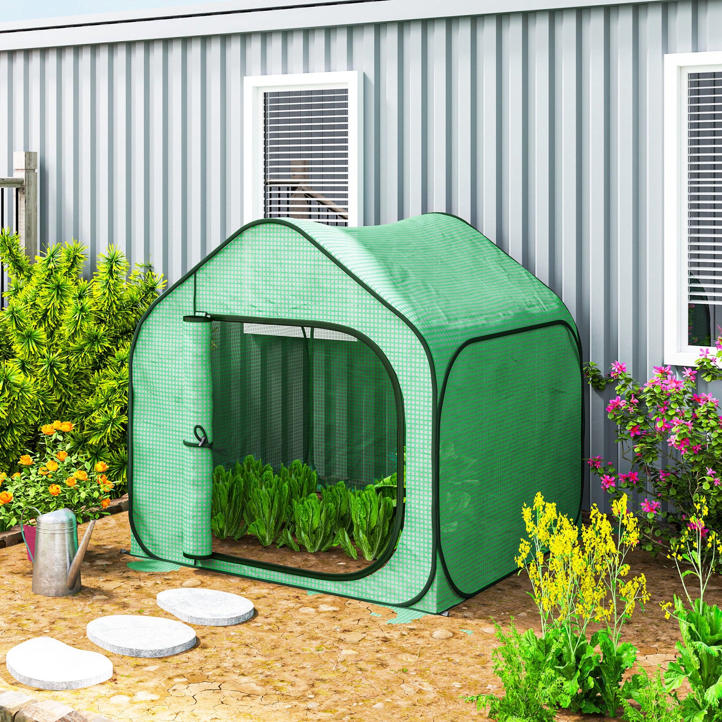Mini Pop Up Greenhouse w/ Reinforced PE Cover, Zipper Door, Green