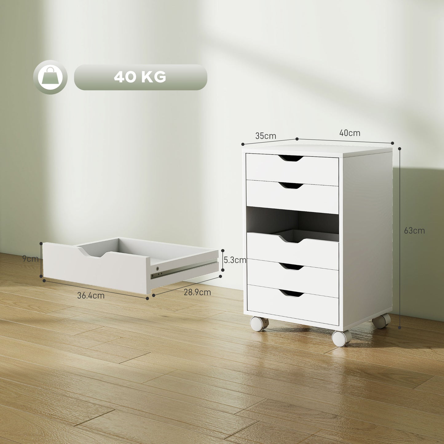 6 Drawer Vertical File Cabinet with Quiet Drawers and Wheels, White