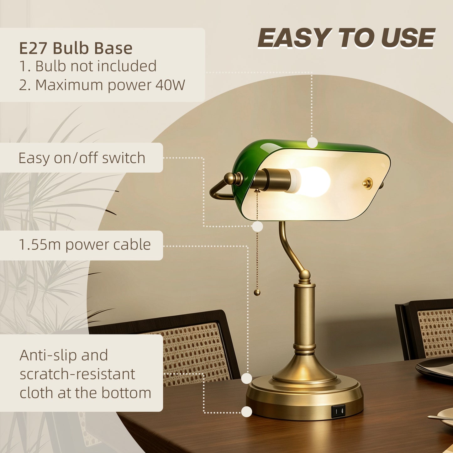 Desk Lamp with Vintage Bronze Tone Base, Pull Rope Switch, Green