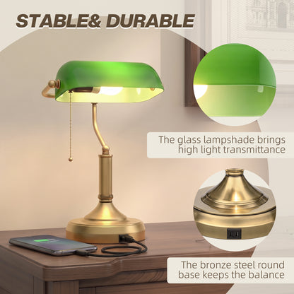 Desk Lamp with Vintage Bronze Tone Base, Pull Rope Switch, Green