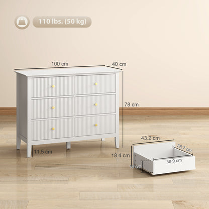 Fluted Chest of Drawers 6 Drawer Dresser for Bedroom Hallway White