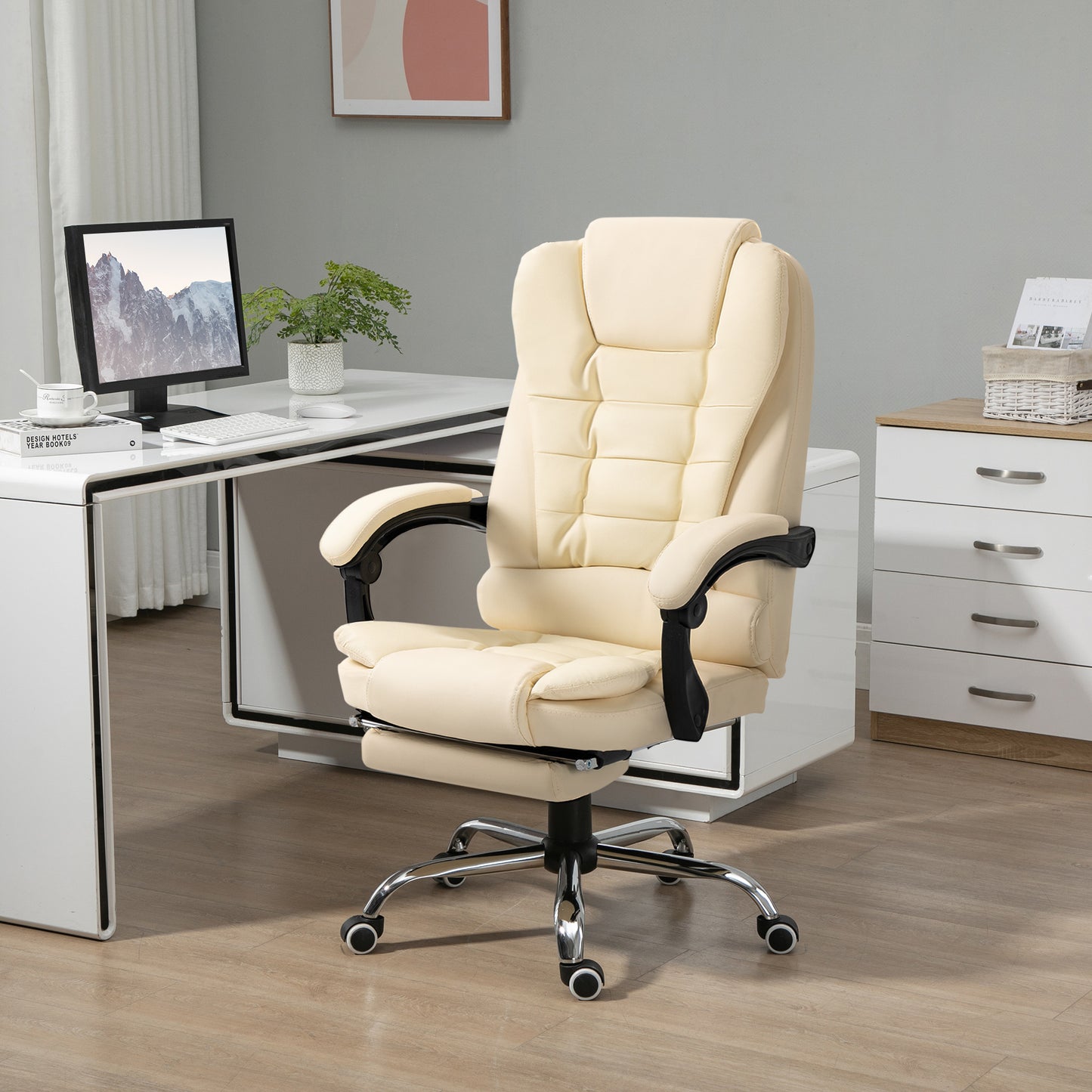 Executive Office Chair, Recliner Computer Chair with Footrest, Cream