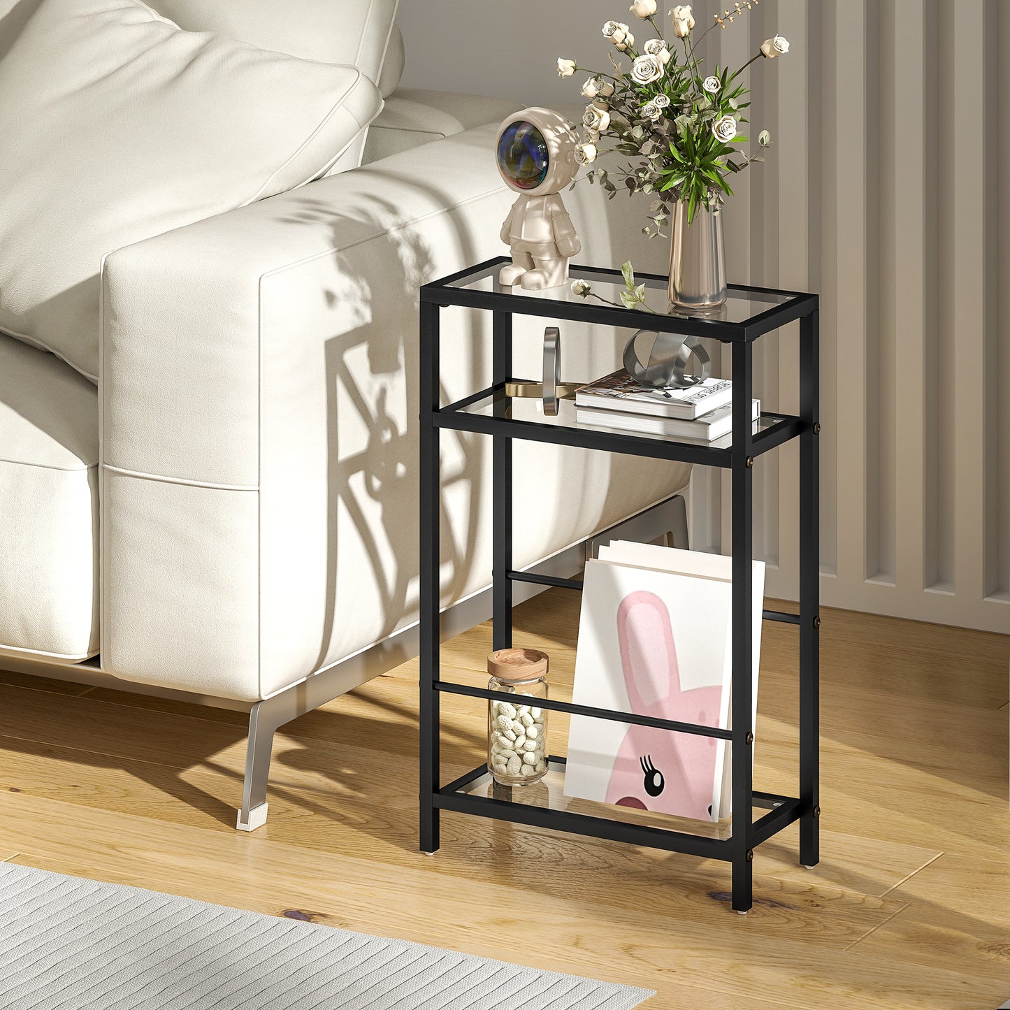 Slim Side Table, End Table with Tempered Glass Tabletop, Black