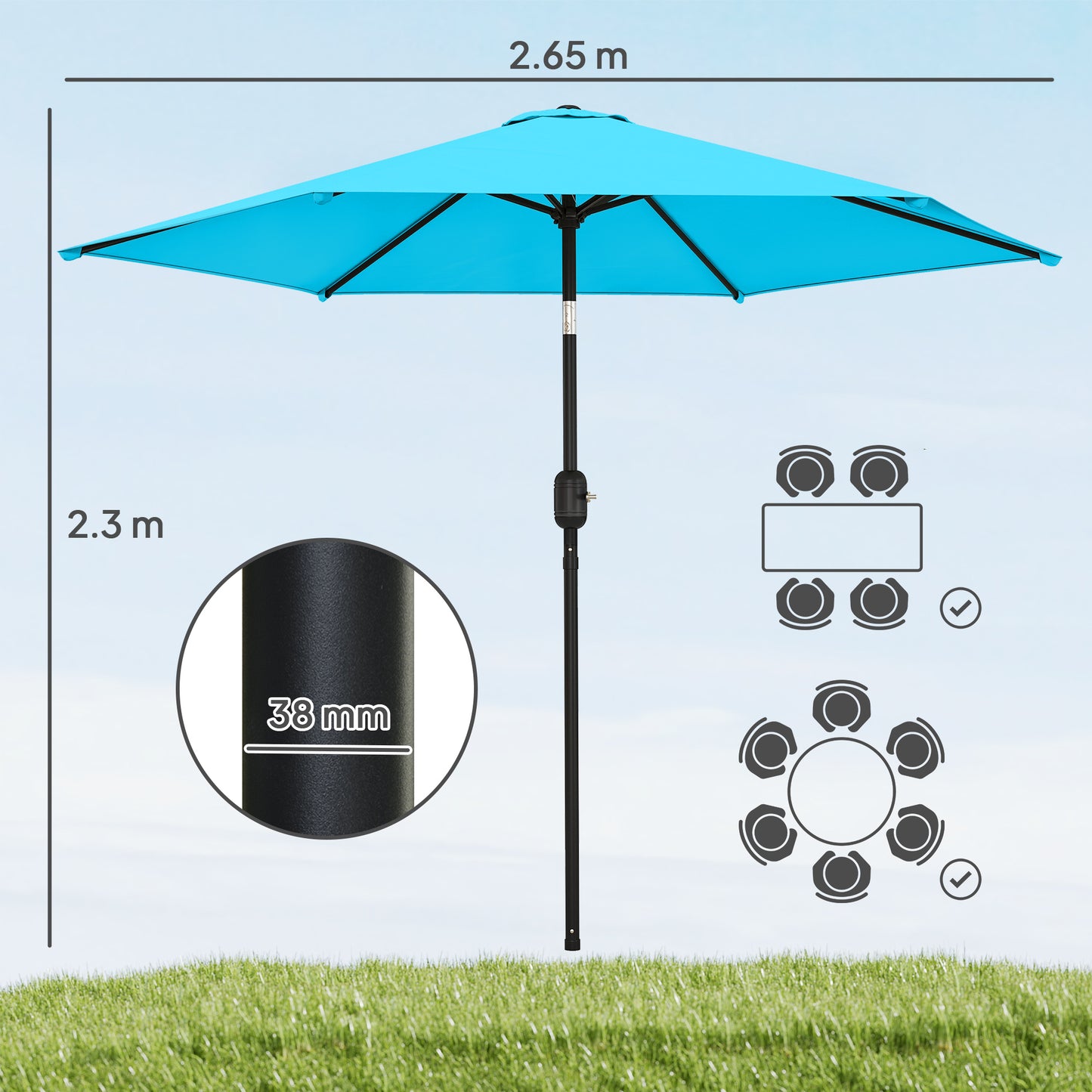 2.6M Garden Parasol Umbrella with Aluminium Pole, Tilt, Crank