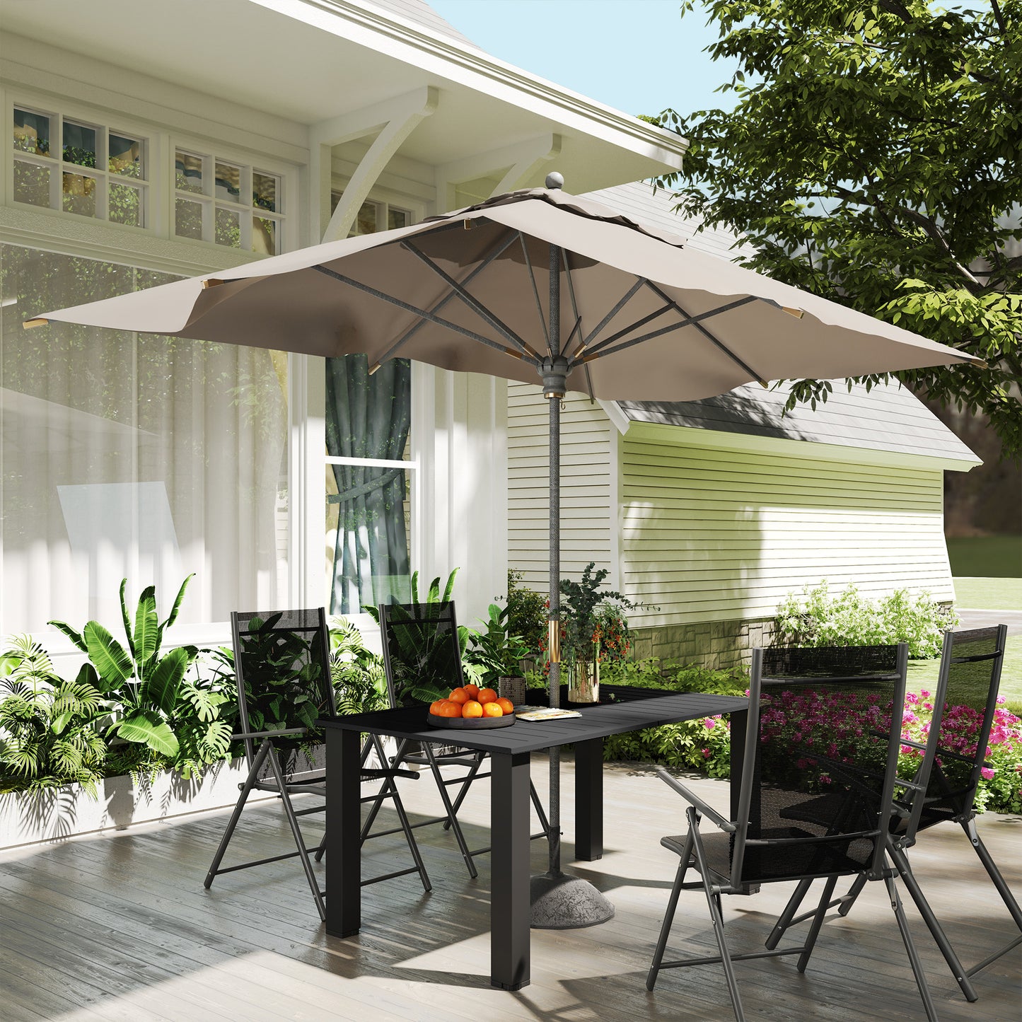 Garden Table with Parasol Hole, Slatted Metal Tabletop, Black